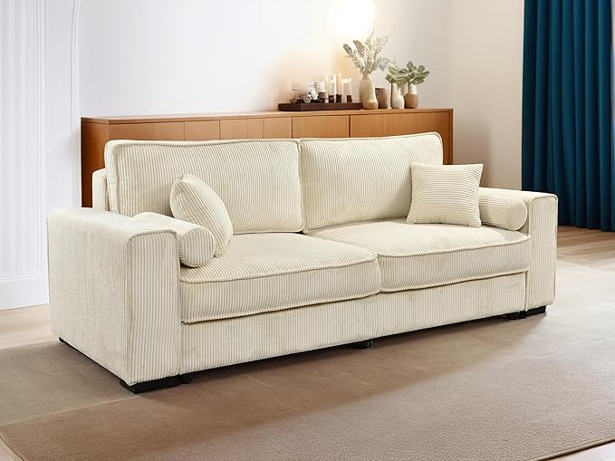 91-Inch Corduroy Pull Out Couch with Storage, Convertible Queen Sleeper Sofa with Pull Out Bed, Hide a Bed Couches for Bedroom, Guest Room, Apartment, Small Places, RV (Beige)