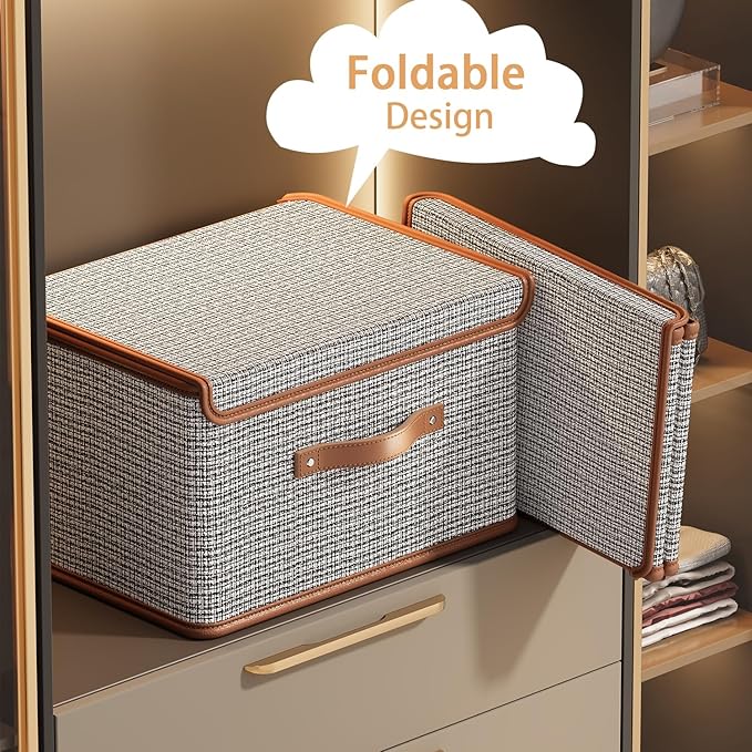 Tuza 2 Pack Storage Bins with Lids, Collapsible Closet Organizer Container, Fabric Organizer Box with Handles, Decorative Storage Boxes with Lids for Organizing Clothes, Books, Light Grey, Large