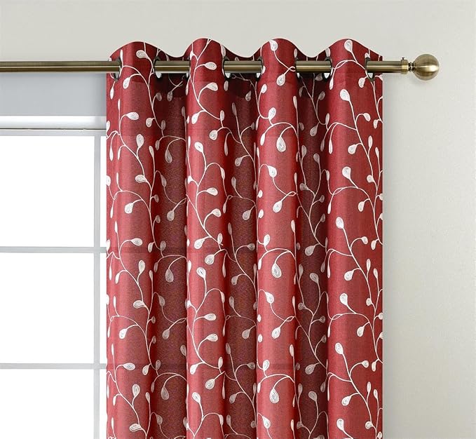 MIUCO Floral Embroidered Semi Sheer Curtains Faux Linen Grommet Window Curtains for Bedrooom 52 x 84 Inch 2 Panels, Burgundy