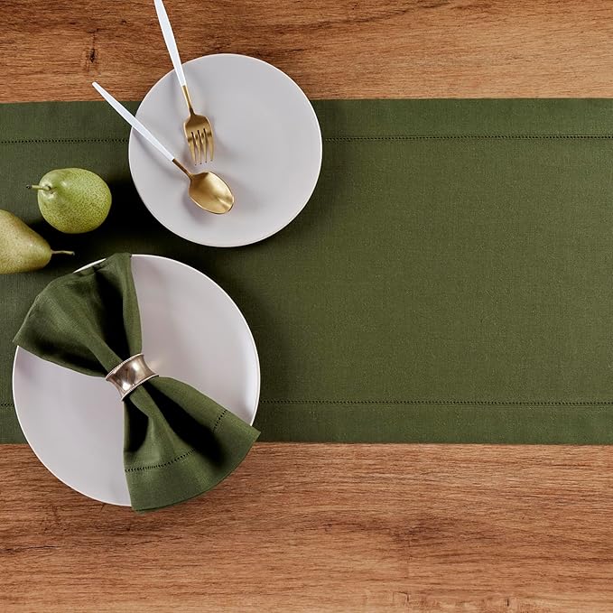 Solino Home Linen Olive Table Runner 132 Inches Long - 100% Pure Linen Extra Long Table Runner 14 x 132 Inch for Fall, Autumn, Thanksgiving - Classic Hemstitch