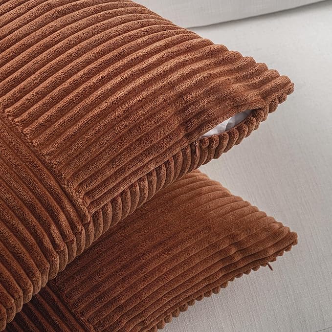 Fancy Homi 2 Packs Rust Euro Decorative Throw Pillow Covers 28x28 Inch for Bedroom Bed, Farmhouse Boho Home Decor, Soft Corss Corduroy Patchwork Textured Square Terracotta Cushion Case 71x71 cm