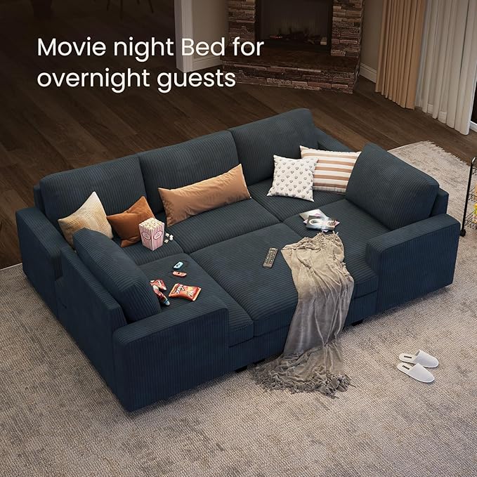 Nolany Modular Sectional Couch with Storage Ottoman, Corduroy Sleeper Sectional Sofa with Chaise, Sectional Couches for Living Room, Blue