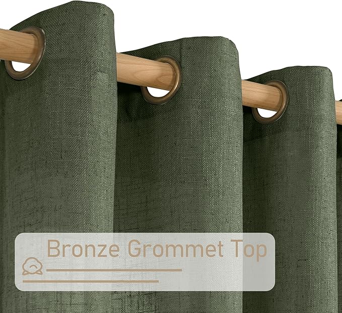 LAMIT Sheer Linen Curtains 102 inches Long, Linen Textured Light Filtering Semi Sheer Bronze Grommet Natural Boho Drapes for Living Room/Farmhouse, 2 Panels, Olive Green, 52 x 102 Inch