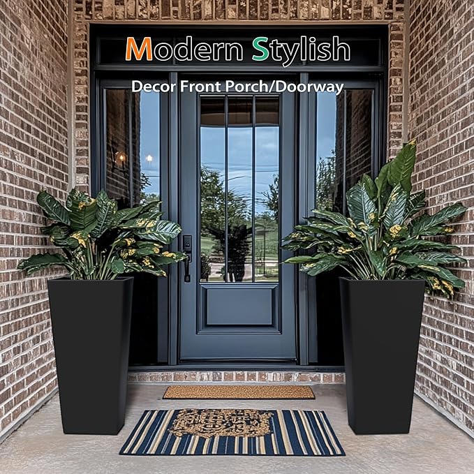 Tall Planters for Outdoor Plants, Large Resin Flower Pots for Garden, Front Porch, Patio, Indoor - Set of 2 (Black, 27.5 inch - 2 Pack)