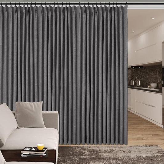 100% Blackout Linen Textured Drapes for Bedroom Pinch Pleated Curtains for Track System Portable Drapery for Sliding Glass Door/Storage/Space Room Divider, 70" Wx102 L, 1 PC, Natural Grey