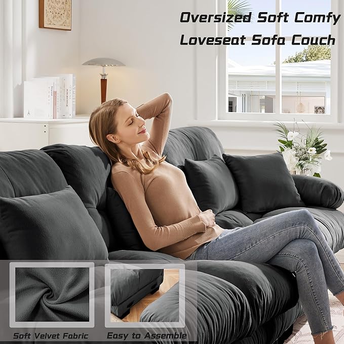 Loveseat Modular Sectional Sofa, Cloud Couch 2 Seater Sectional Couch Home Sofa Living Room Oversized Couch, Modern Deep Seat Couch with Chaise with Round Bolster Armrests 4 Pillows(Gray)