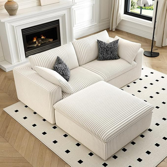 LoveSeat Cloud Couch Modular Sectional Sofa for Living Room,Modern Sofa with Deep Seat，2 Seater Boneless Couch with Ottoman,Comfy Upholstered Couches for Apartment, Studio, Office,Bedroom，White