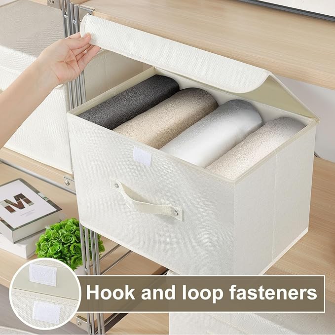 Fabric Storage Bins Cube Organizers with Flip-Top Lid and Handles,Storage Boxes for Organizing Home,Office,and Closet,Beige,3 Pack 15 x 9.8 x 9.8 in