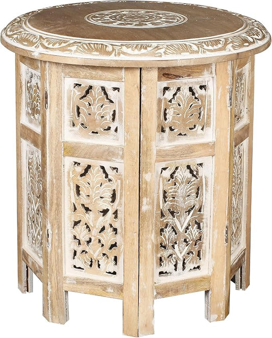 Lightnpro Hand Carved Solid Mango Wood Octagonal Accent Table - 18"×18" White Wash Farmhouse Vintage Home Décor Round End Table for Living Room, Bedroom, Entryway - Rustic Boho Side Table