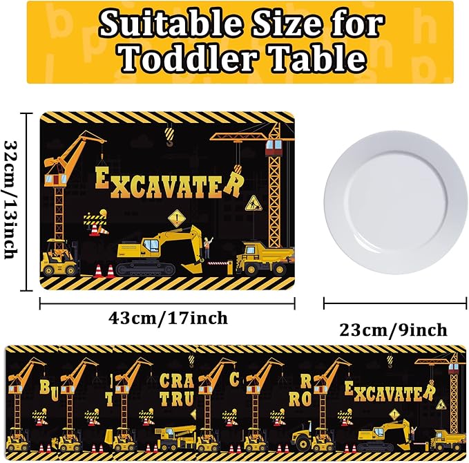 Construction Placemats Set of 6 Toddler Plastic Table Mats Dump Truck Place Mats Washable Vinyl Nursery Homeschool Table Decoration for Indoor Outdoor Party Kitchen Dining