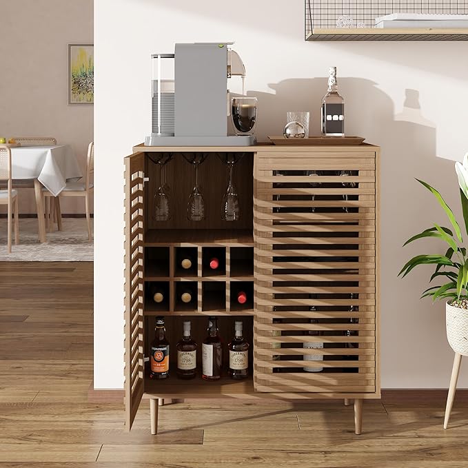 Mid Century Bar Cabinet with Wine Racks, Modern Liquor Cabinet with Slatted Doors for Dining Room, Living Room (Natural Color)
