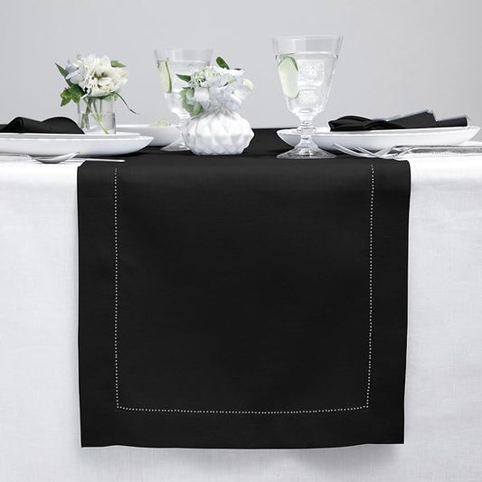 Solino Home Linen Black Table Runner 120 Inches Long - 100% Pure Linen 14 x 120 Inch Table Runner for Fall, Autumn, Halloween, Thanksgiving - Classic Hemstitch