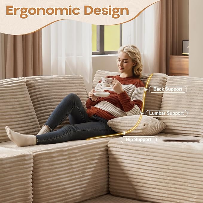 Cloud Sectional Couches for Living Room,U Shaped Modular Sofas No Assembly,165x107 Inches Plush Corduroy Oversized Floor Couch Set with Deep Seat Chaise,Beige