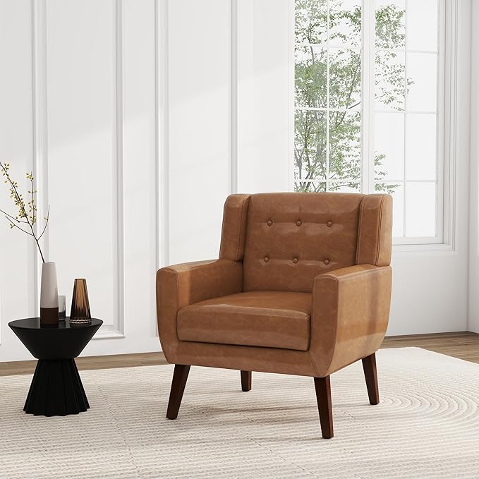 UIXE Faux Leather Accent Chair, Modern Arm Club Chair Upholstered Armchair for Living Room, Comfy Single Sofa Seats Button Tufted Reading Seating, Brown
