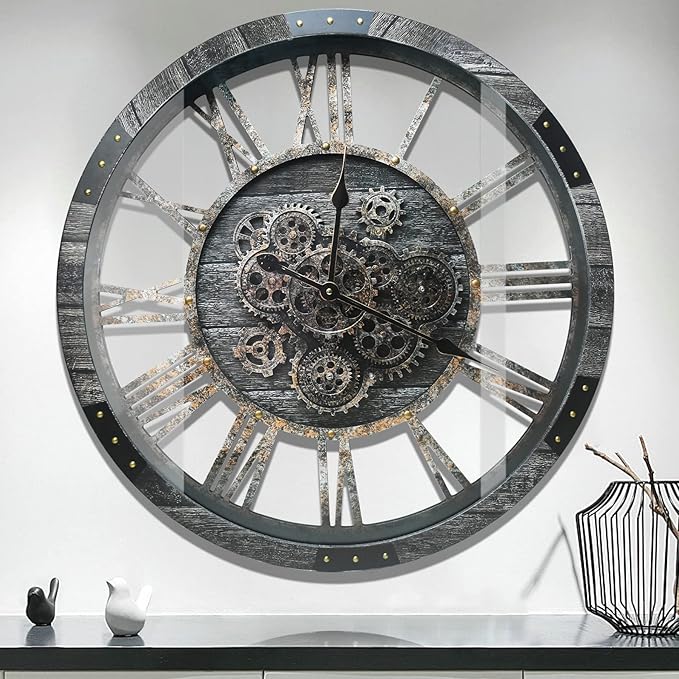 DORBOKER 36" Extra Large Wall Clock with Moving Gears, Oversized Giant Industrial Steampunk Rustic Clocks for Wall Decor Living Room Home Office, Solid Wood Retro Metal,Carbon Grey