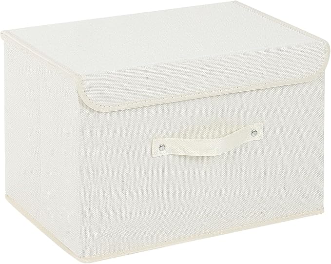 Storage Boxes, Collapsible Storage Bins with Lids, Cotton and linen cloth Storage Baskets with Handle, for Books, Closet, Bedroom, Home, 15x9.8x9.8 in, Beige