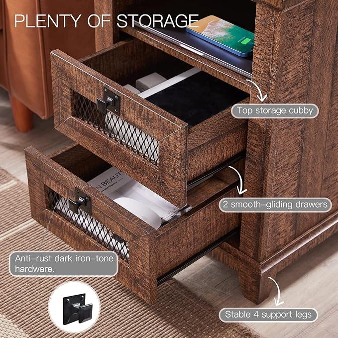 Nightstand with Charging Station,OKD 18'' Industrial & Farmhouse End Table with 2 Drawers &Open Cubby, Rustic Mesh Drawer Sofa Side Table w/Storage for Bedroom, Living Room, Office, Reclaimed Barnwood