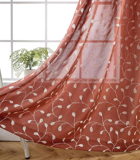 MIUCO Floral Embroidery Semi Sheer Curtains Faux Linen Grommet Curtain Panels for Kids Room 52 x 84 Inch 2 Panels, Rust