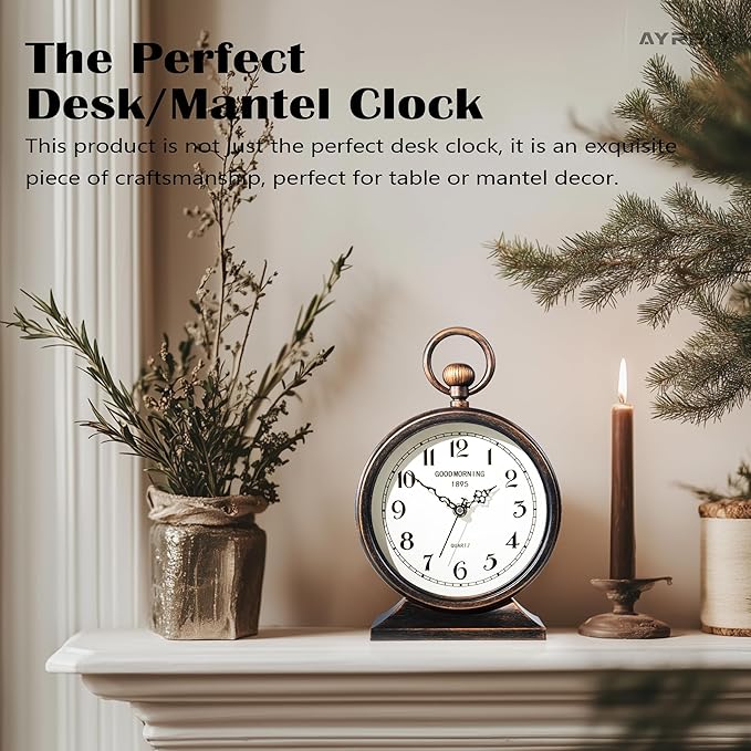 AYRELY® 7-Inch Vintage Mantel Clock with Handle,Antique Metal Desk Clocks Battery Operated,Retro Table Clock for Bedroom Living Room Shelf Farmhouse Fireplace Décor