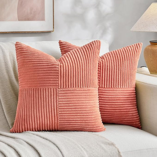 Fancy Homi 2 Packs Coral Euro Decorative Throw Pillow Covers 26x26 Inch for Living Room Couch Bed, Farmhouse Boho Home Decor, Soft Corss Corduroy Patchwork Textured Square Peach Cushion Case 66x66 cm