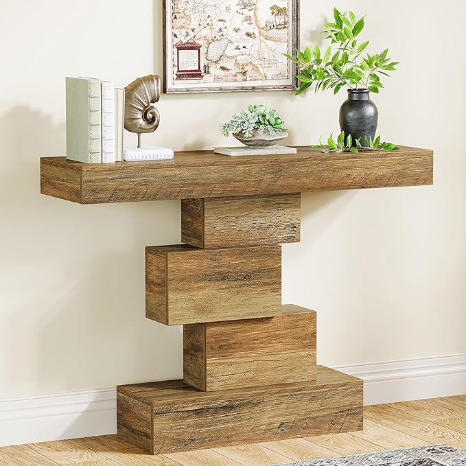 Tribesigns 42.5" Farmhouse Console Table, Narrow Wood Sofa Table Behind Couch with Geometric Base, Industrial Entryway Accent Table for Living Room, Hallway, Entrance (Light Brown)