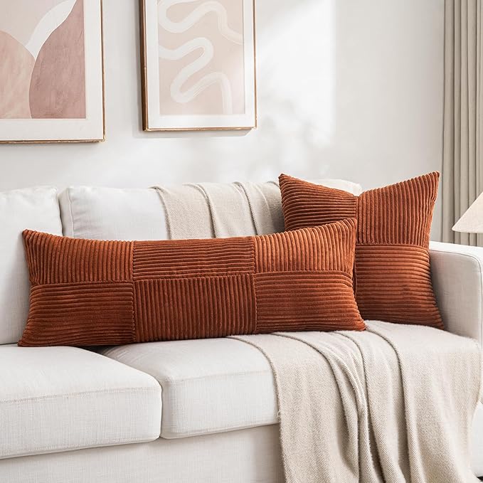 Fancy Homi 2 Packs Rust Decorative Throw Pillow Covers 20x20 Inch for Living Room Couch, Rustic Farmhouse Boho Home Decor, Soft Corss Corduroy Patchwork Accent Terracotta Square Cushion Case 50x50 cm