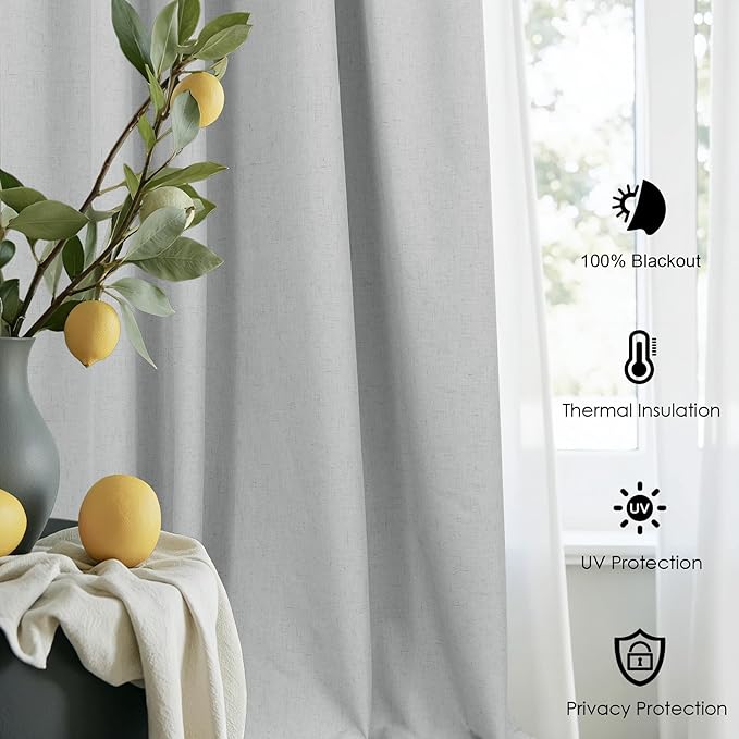 100 Percent Blackout Sliding Glass Door Curtains 120 Inches Long 2 Panels 10 FT Theater Floor to Ceiling Drape Linen Cotton Textured Luxury Curtains Farmhouse Black Out Light Grey Gray White Back Tab