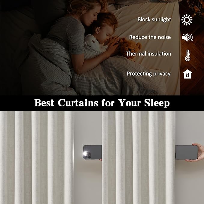 RAIN CITY 104 Inch Long Black Out Curtains 2 Panels Custom Drapery Neutral Blackout Pleated Ceiling Track Curtain for Dining Room Linen Textured Back Tab with Hooks 50"x104"