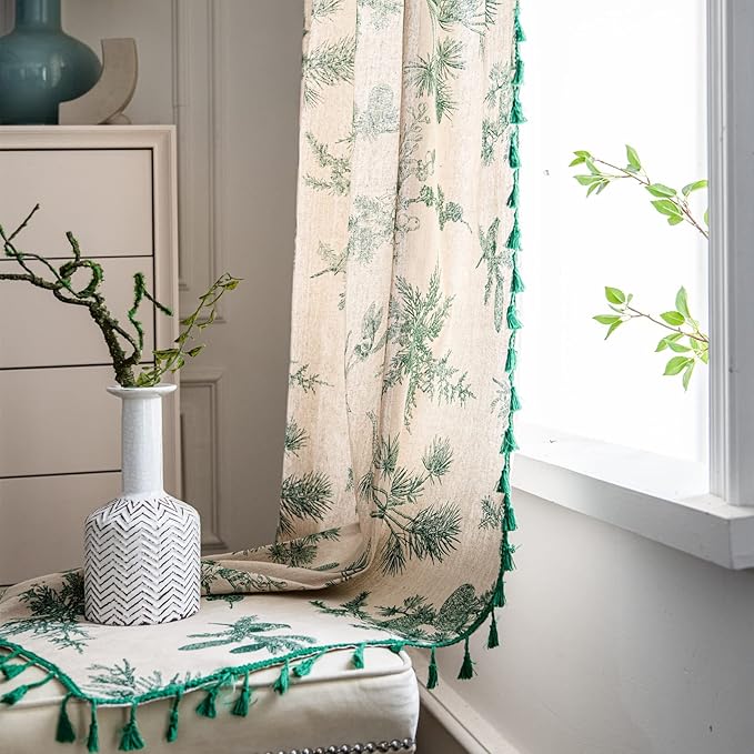 Sutuo Home Boho Curtain 96 Inches Length for Bedroom, Printed Cotton Linen Rod Pocket Semi Blackout Farmhouse Bohemian Tassels Window Treatment for Living Room, 1 Panel 59" W x 96" L, Green Forest