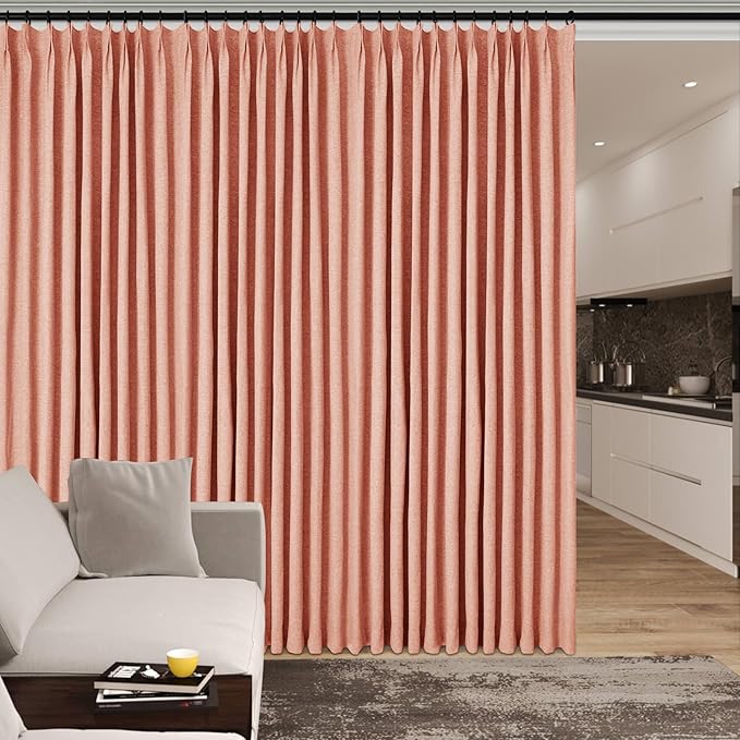 100" W x 84" L Faux Linen Room Divider Curtains, Full Blackout Pinch Pleated Drapes for Traverse Rod, Bedroom Divider Privacy Drapery with Hooks for Ceiling Track, 1 Panel, Orange