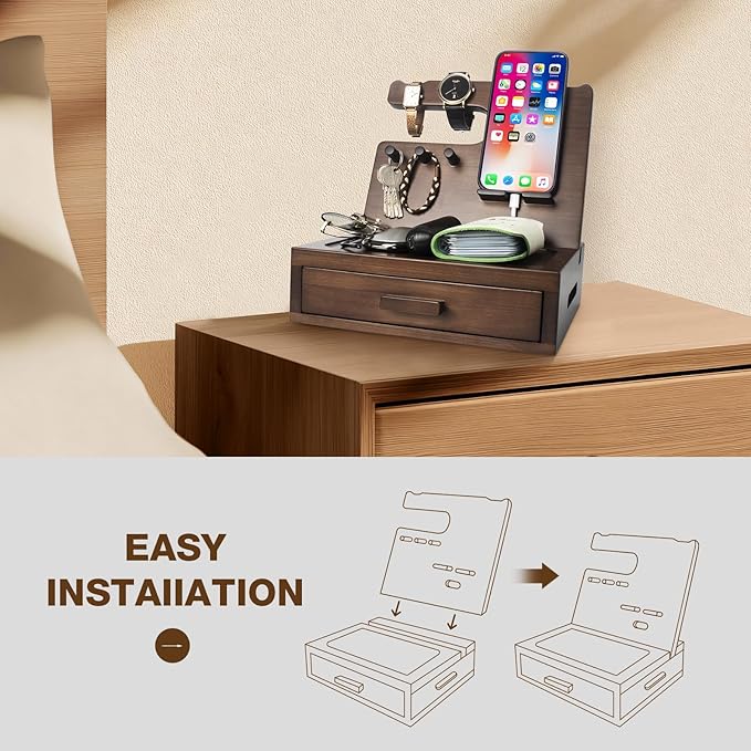 Solid Wood Nightstand Organizer, Docking Station, Gifts for Men, Made of Cedar, Versatile Bedside Table Organizer for Cellphone, Watch, Headphone, Keys, Dark Walnut
