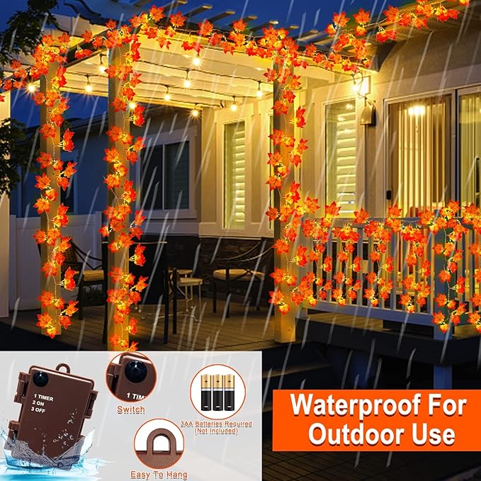 Timer & Thicker Leaves - 2 Pack Fall Garland with Lights Fall Hallowen Decorations Indoor Total 80 Leaves 40LED 13Ft Battery Operated Halloween Garland Thanksgiving Decor Home Indoor Outdoor Christmas