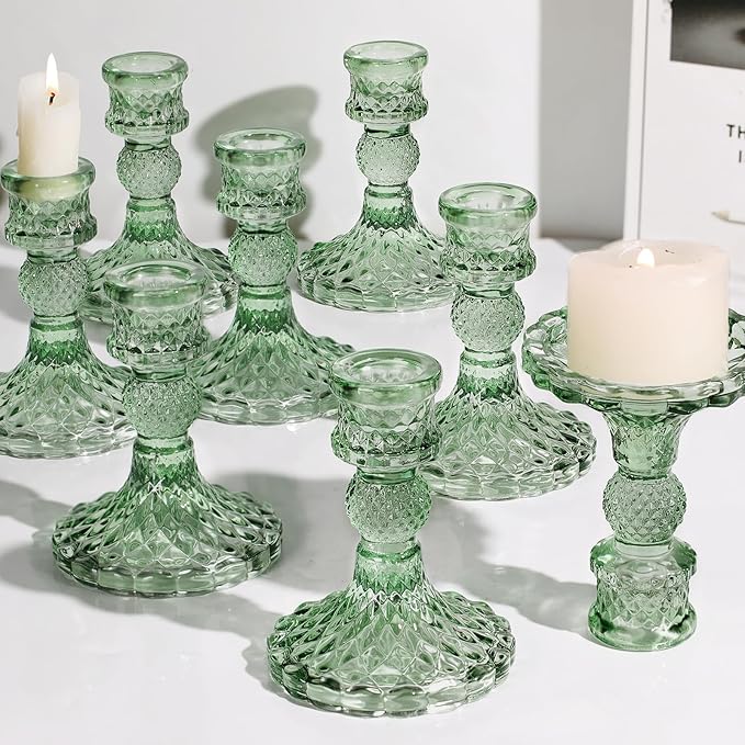 12Pcs Green Candlestick Holders Set- 4" H Taper Candle Holders Bulk, Glass Candle Holders for Wedding, Party, Romantic Dinner Table Centerpieces, Festival Gifts & Windowsill Decor