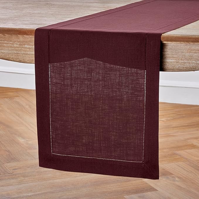 Solino Home Linen Table Runner 36 Inches - 100% Pure Linen Burgundy Hemstitch Table Runner 14 x 36 Inch Ideal for Dresser and Coffee Tables - Fall, Autumn, Thanksgiving - Classic Hemstitch