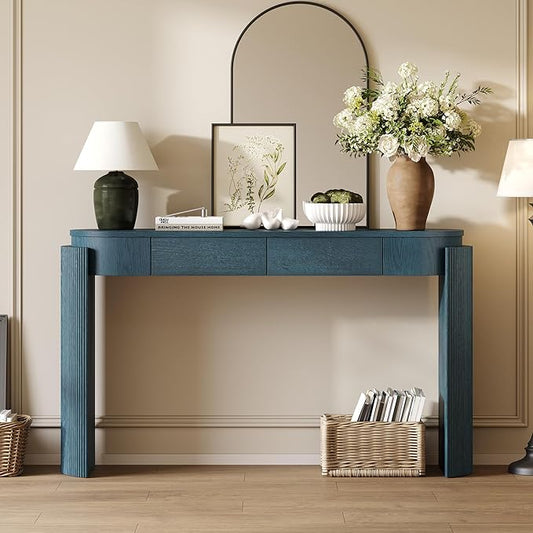 55" Sofa Table with Oval Top and 2 Drawers, Entryway Console Table with Fluted Design for Hallway,Foyer,Entry and Living Room (Fully Assembled-Navy)