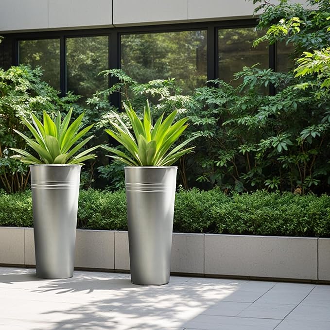 KOL 28'' Tall Galvanized Steel Planter Pot - Flower Pot with Water Level Indicator for Plants - 2-Pack Self Watering Planters - Round Silver Powder Metal Planter Box - Indoor Outdoor Grande Plant