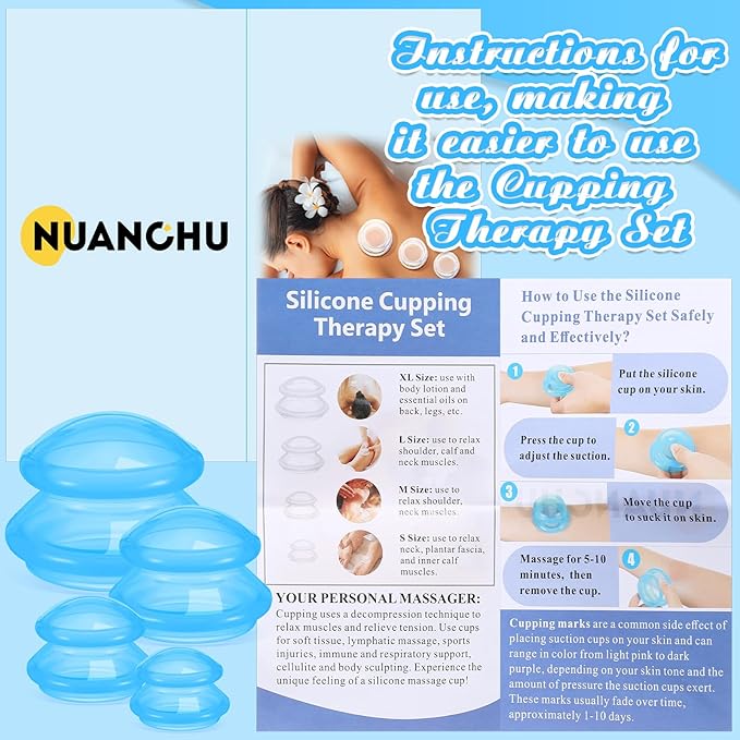 Nuanchu 8 Pcs 4 Sizes Cupping Therapy Set with Satin Bag Silicone Massage Cups Professional Cupping Therapy Vacuum Cup for Cellulite Joint Pain Muscle Pain(Clear Blue)