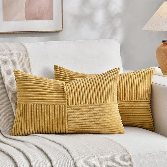 Fancy Homi 2 Packs Mustard Yellow Long Lumbar Decorative Throw Pillow Covers 16x24 Inch for Couch Bed, Rustic Farmhouse Boho Home Decor, Soft Striped Corduroy Rectangle Accent Cushion Case 40x60 cm