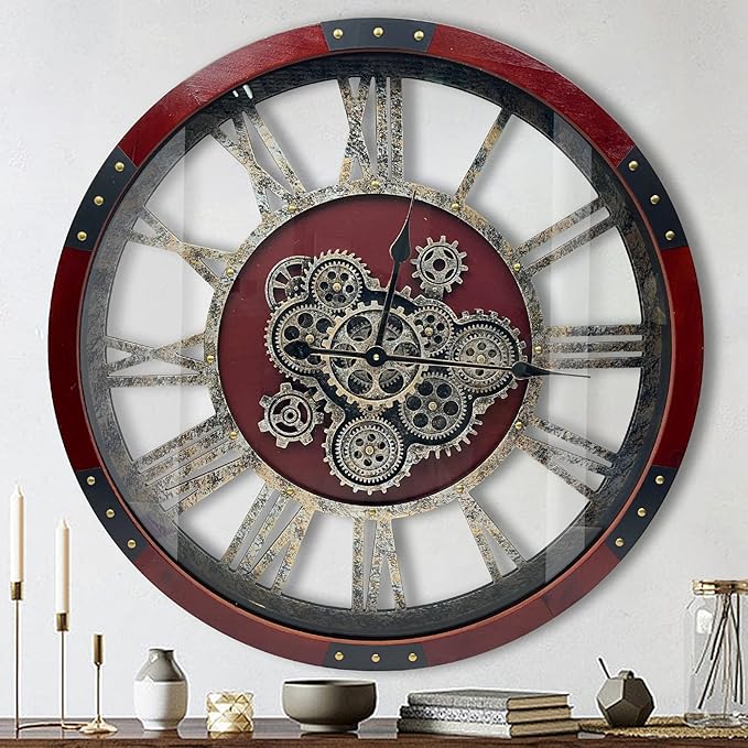 DORBOKER 30" Original Moving Gears Wall Clock, Large Industrial Wall Clock for Living Room Decor, Retro Wood Vintage Farmhouse Steampunk Rustic Clocks for Wall Decor,Red Walnut Wood