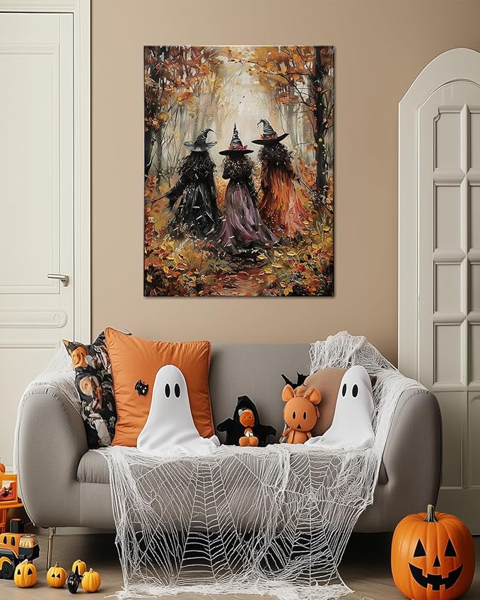 Halloween Canvas Wall Art, Vintage Three Witches Poster, Gothic Dark Academia Wall Decor, Spooky Halloween Decor for Living Room, Bedroom & Bathroom, Framed Fall Decorations Indoor