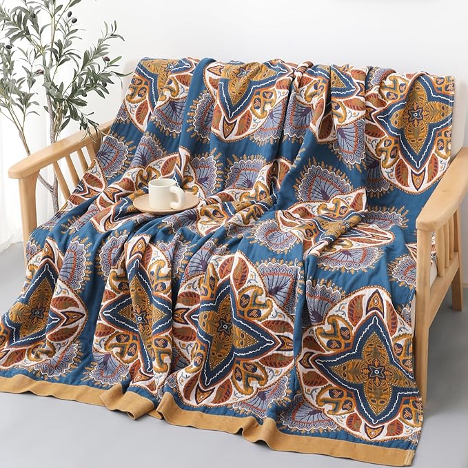 Snycler Boho Throw Blanket for Bed - 100% Cotton Ultra Soft Rustic Quilt Blanket Orange Green Printed Farmhouse Decor Bed Blankets, 80"×90" All Season Rustic Throw for Sofa Couch Chair