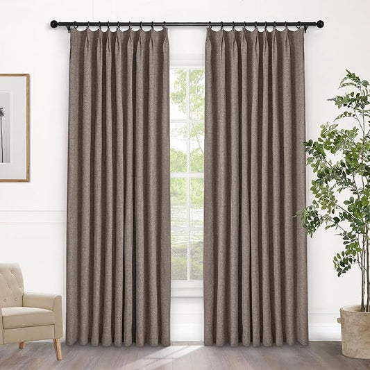 Macochico Pinch Pleated Full Blackout Curtains for Bedroom Living Room Light Coffee Linen Curtains Thermal Insulated and Noise Reducing Window Panels with Tieback Shabby Chic Decor 84”Wx84”L 1 Panel