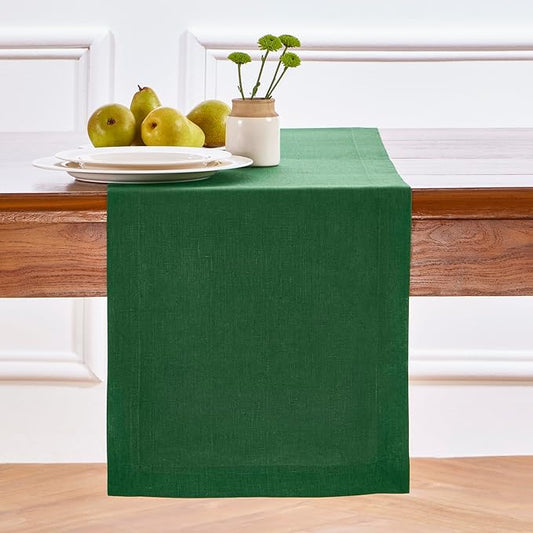 Solino Home Linen Pine Green Table Runner 120 Inches Long - 100% Pure Linen 14 x 120 Inch Table Runner for Fall, Autumn, Thanksgiving - Fete