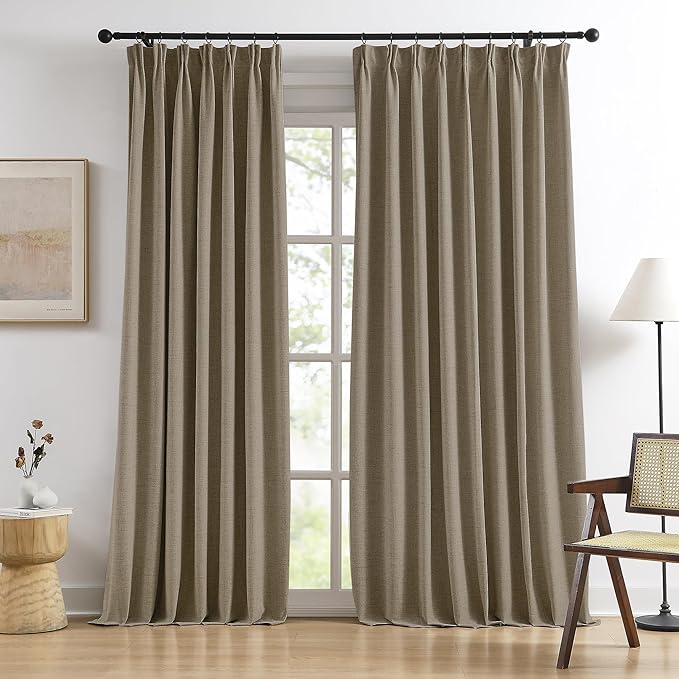 70 Inch Wide Blackout Curtains 2 Panels Set,Back Tab Pleated Curtains Hidden Tab with Hooks,Energy Efficinet Linen Blend Drapes for Dining Room Living Room Hoom Office 70x84 Length Linen Brown