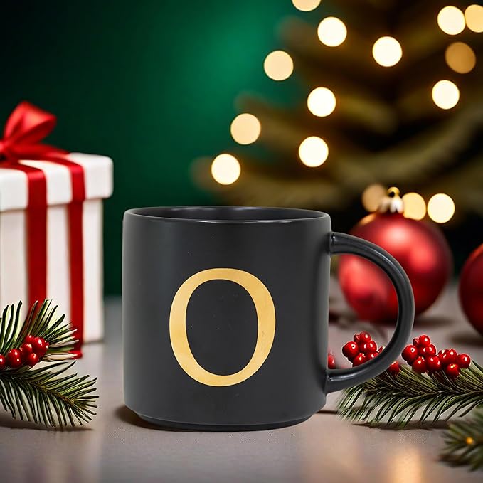 COLLECTIVE HOME - Monogram Ceramic Mugs, 15 oz Golden Initial Black Coffee Cups, Elegant Alphabet Tea Mugs, Elegant Personalized Mug with Gift Box, Unique Mug with Double Side Capital Lette (O)