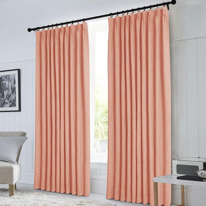 Macochico 100% Blackout Pinch Pleated Linen Curtains 84 Inch Length Thermal Blackout Curtains for Bedroom Living Room Nursery Orange Farmhouse Burlap Curtains with Tieback 52”Wx84”L 1 Panel