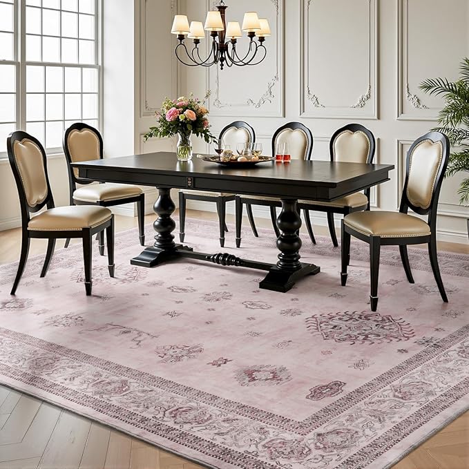 AMOAMI-Vintage Area Rug 8X10 Pink Rugs for Living Room-Soft Living Room Rug Non Slip Rugs for Bedroom Carpet Machine Washable Rug for Dining Room Bedside Office Room Decor