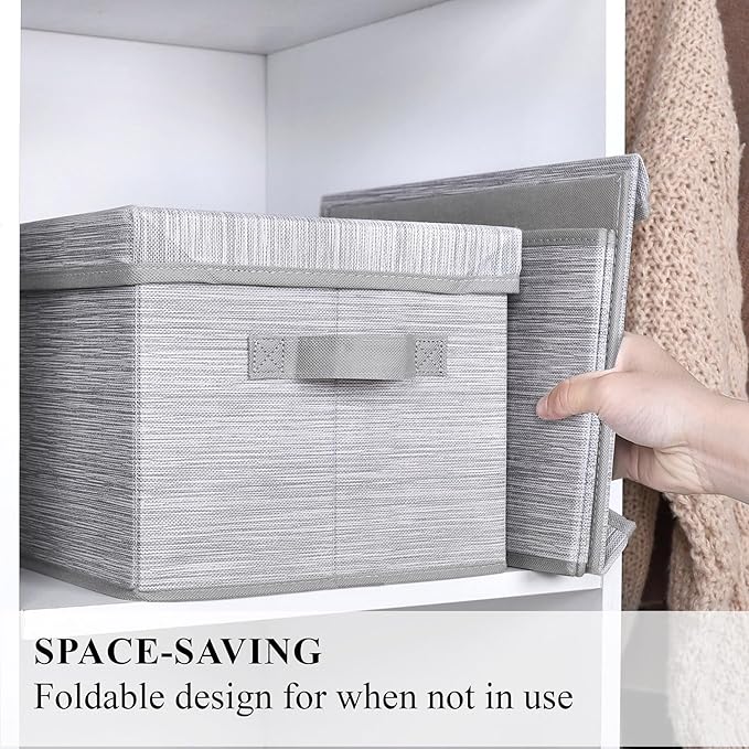 WUIKE Storage Bins with Lids, Collapsible Stackable Storage Bins with Handles, Clothing Storage Containers for Closet, Fabric Shelf Baskets, Large, Light Gray/Slub Gray, 3-Pack
