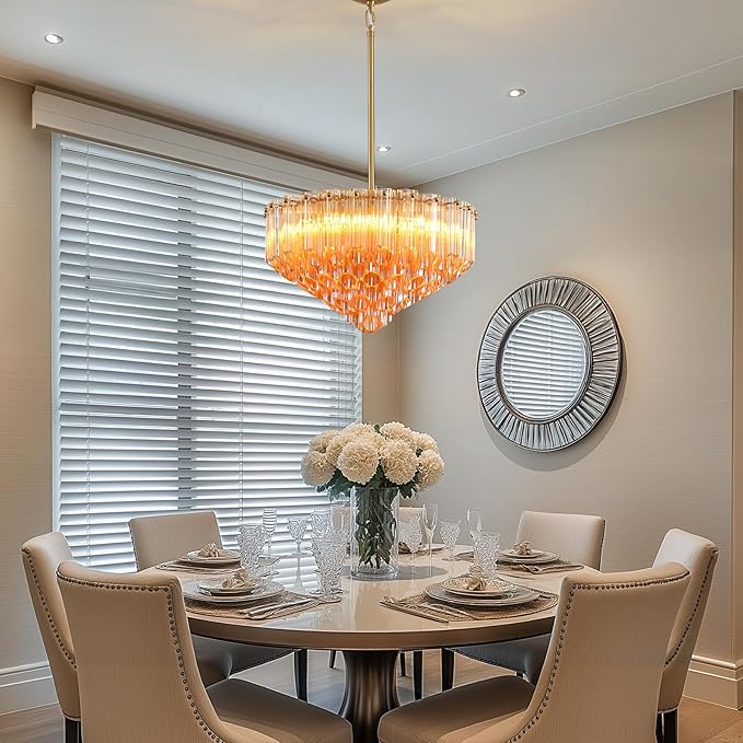 Modern Amber Glass Chandelier, 14" Round Crystal Dining Room Pendant Light Chandelier, Luxury Brass Hanging Fixture for Bedroom, Gold Kitchen Island Light, Dimmable Small Ceiling Lighting Chandeliers