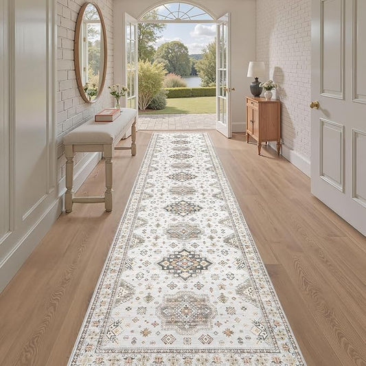 Washable 2.6x12 Runner Rug - Area Rugs Neutral Vintage Distressed Floral Farmhouse Boho Large Soft Floor Rug Indoor Carpet for Hallway Entryway Kitchen Home - Blue Brown